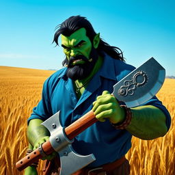 a green-skinned half-orc with dark hair, no beard, subtly showing his fangs, wearing a blue shirt, and holding a large axe while standing in a field of barley