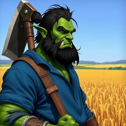 a green-skinned half-orc with dark hair, no beard, subtly showing his fangs, wearing a blue shirt, and holding a large axe while standing in a field of barley