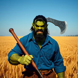 a green-skinned half-orc with dark hair, no beard, subtly showing his fangs, wearing a blue shirt, and holding a large axe while standing in a field of barley