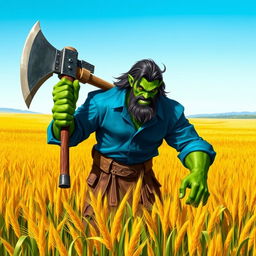 a green-skinned half-orc with dark hair, no beard, subtly showing his fangs, wearing a blue shirt, and holding a large axe while standing in a field of barley