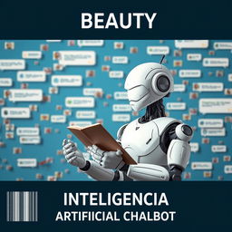 A realistic image of an artificial robot holding a notebook, positioned in front of a background filled with faded threads and numerous chat bubbles