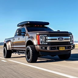 A Ford F350 Dually modified with a sleek fastback roof design