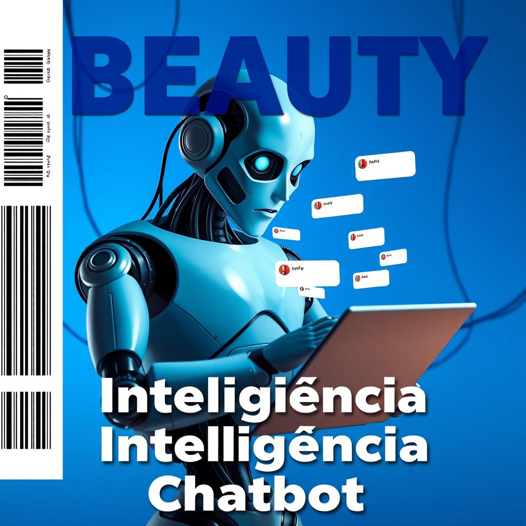 A realistic image featuring a futuristic robot holding a laptop, intently observing various chat boxes floating in front of it against a blue background with faintly visible wires