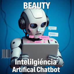 A realistic image featuring a futuristic robot holding a laptop, intently observing various chat boxes floating in front of it against a blue background with faintly visible wires