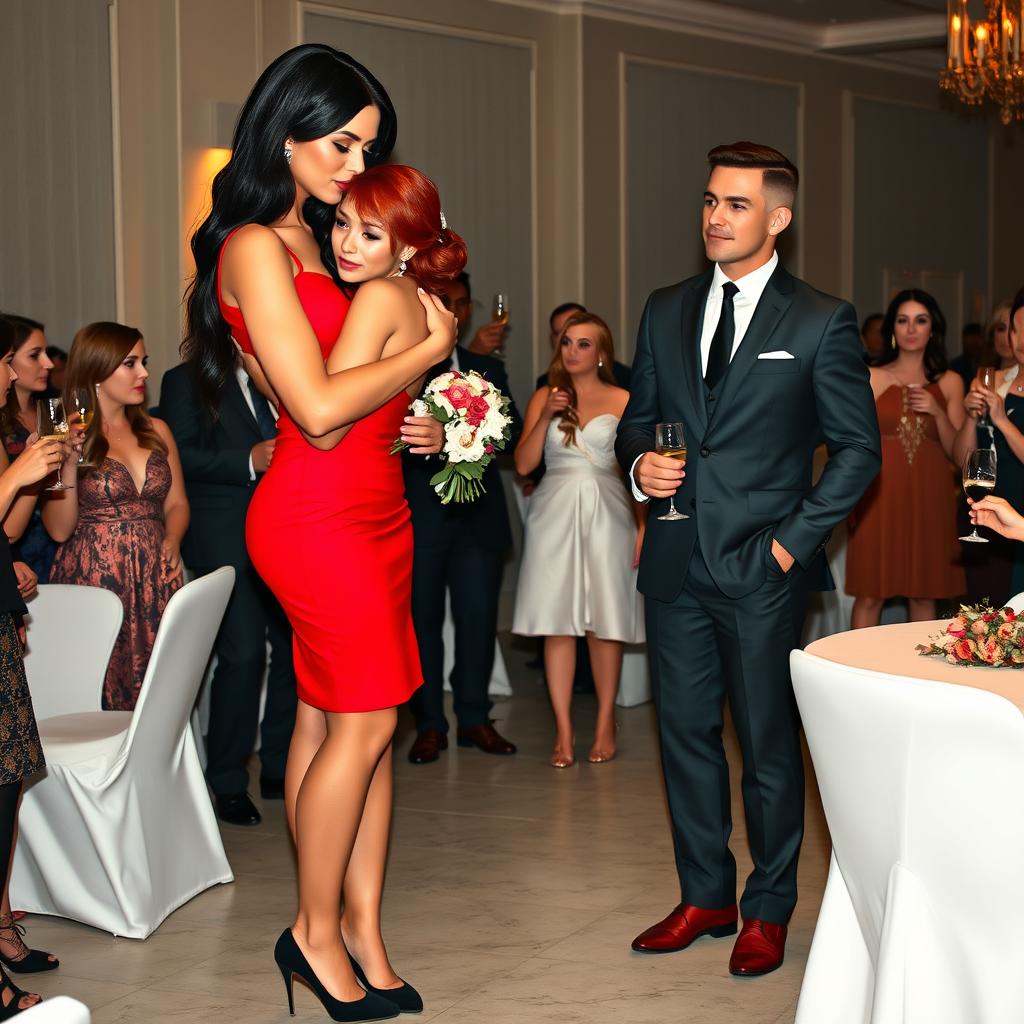 A tall model-like woman with fair skin and long, sleek black hair that is subtly wavy, wearing a form-fitting red dress and black heels