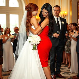 A tall model-like woman with fair skin and long, sleek black hair that is subtly wavy, wearing a form-fitting red dress and black heels