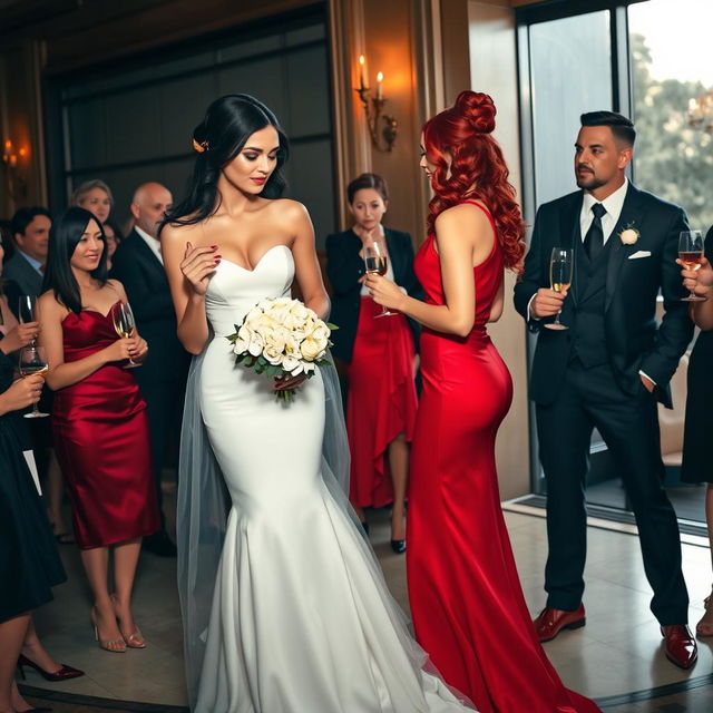 A tall model-like woman with fair skin and long, sleek black hair that is subtly wavy, wearing a form-fitting red dress and black heels