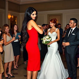 A tall model-like woman with fair skin and long, sleek black hair that is subtly wavy, wearing a form-fitting red dress and black heels