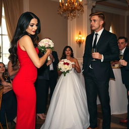 A tall model-like woman with fair skin and long, sleek black hair that is subtly wavy, wearing a form-fitting red dress and black heels