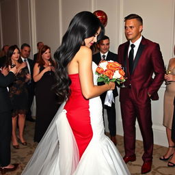 A tall model-like woman with fair skin and long, sleek black hair that is subtly wavy, wearing a form-fitting red dress and black heels