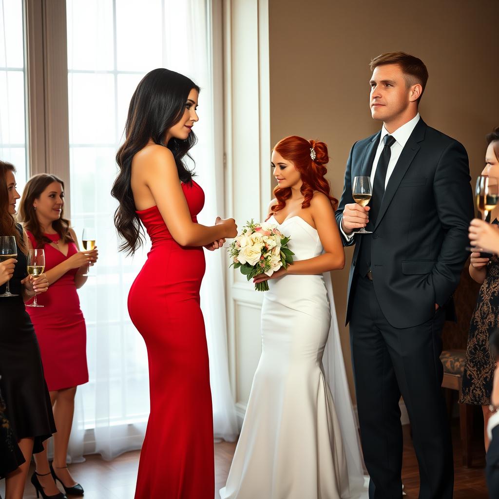 A tall model-like woman with fair skin and long, sleek black hair that is subtly wavy, wearing a form-fitting red dress and black heels