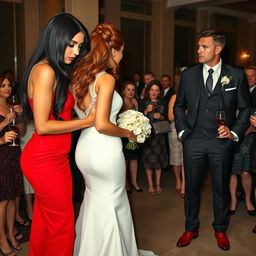 A tall model-like woman with fair skin and long, sleek black hair that is subtly wavy, wearing a form-fitting red dress and black heels