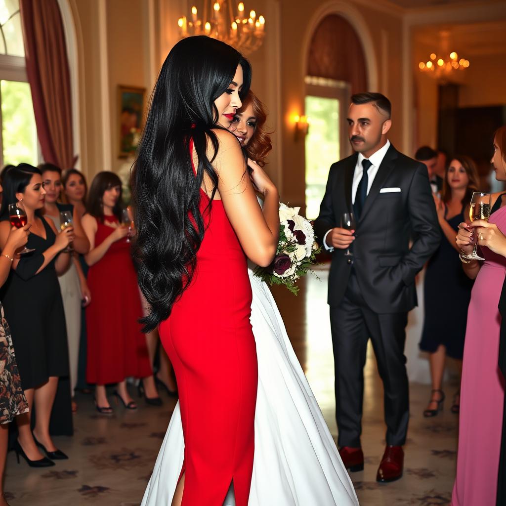 A tall model-like woman with fair skin and long, sleek black hair that is subtly wavy, wearing a form-fitting red dress and black heels