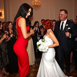 A tall model-like woman with fair skin and long, sleek black hair that is subtly wavy, wearing a form-fitting red dress and black heels