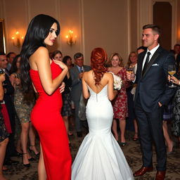 A tall model-like woman with fair skin and long, sleek black hair that is subtly wavy, wearing a form-fitting red dress and black heels