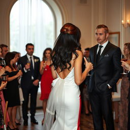 A tall model-like woman with fair skin and long, sleek black hair that is subtly wavy, wearing a form-fitting red dress and black heels