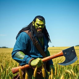 a green-skinned half-orc with dark hair, no beard, subtly showing his fangs, wearing a blue shirt, and holding a large axe while standing in a field of barley