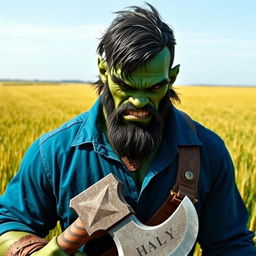 a green-skinned half-orc with dark hair, no beard, subtly showing his fangs, wearing a blue shirt, and holding a large axe while standing in a field of barley