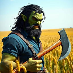 a green-skinned half-orc with dark hair, no beard, subtly showing his fangs, wearing a blue shirt, and holding a large axe while standing in a field of barley