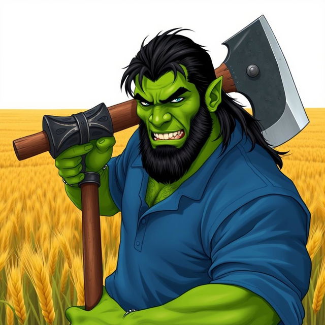 a green-skinned half-orc with dark hair, no beard, subtly showing his fangs, wearing a blue shirt, and holding a large axe while standing in a field of barley