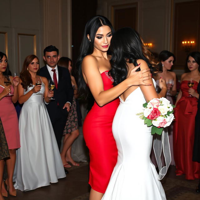 A tall model-like woman with fair skin and long, sleek black hair that is subtly wavy, wearing a form-fitting red dress and black heels