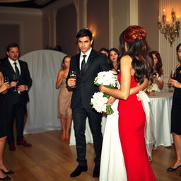 A tall model-like woman with fair skin and long, sleek black hair that is subtly wavy, wearing a form-fitting red dress and black heels