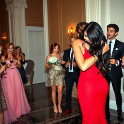 A tall model-like woman with fair skin and long, sleek black hair that is subtly wavy, wearing a form-fitting red dress and black heels