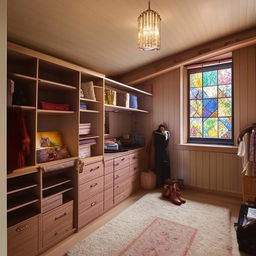 A cozy half-slanted loft room featuring stained glass windows, a soft carpet, dim yet inviting lighting, quality wooden closets and shelves laden with clothes, decor reflecting the passions of a coffee-loving, autumn-enthused young woman, a bed inviting comfort and a gem-embedded light dressing table.