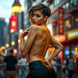 A sexy transgender person with short hair, a flat chest, and a big, well-shaped butt