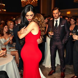 A tall model-like woman with fair skin and long, sleek black hair that is subtly wavy, wearing a form-fitting red dress and black heels