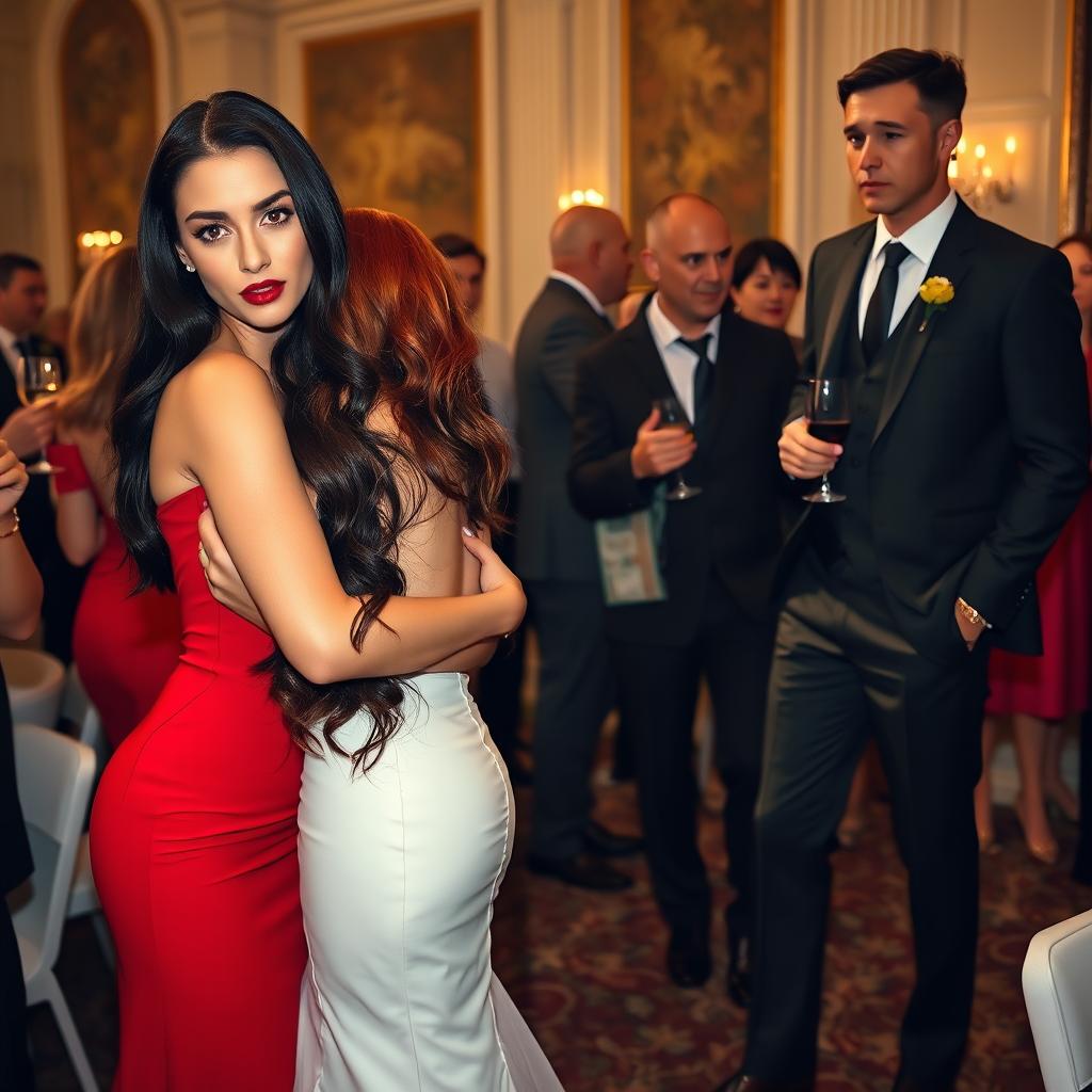 A tall model-like woman with fair skin and long, sleek black hair that is subtly wavy, wearing a form-fitting red dress and black heels