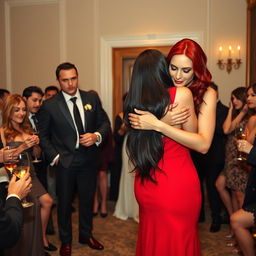 A tall model-like woman with fair skin and long, sleek black hair that is subtly wavy, wearing a form-fitting red dress and black heels