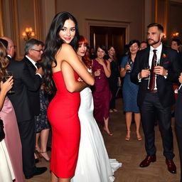 A tall model-like woman with fair skin and long, sleek black hair that is subtly wavy, dressed in a form-fitting red dress and black heels, with deep, dark eyes