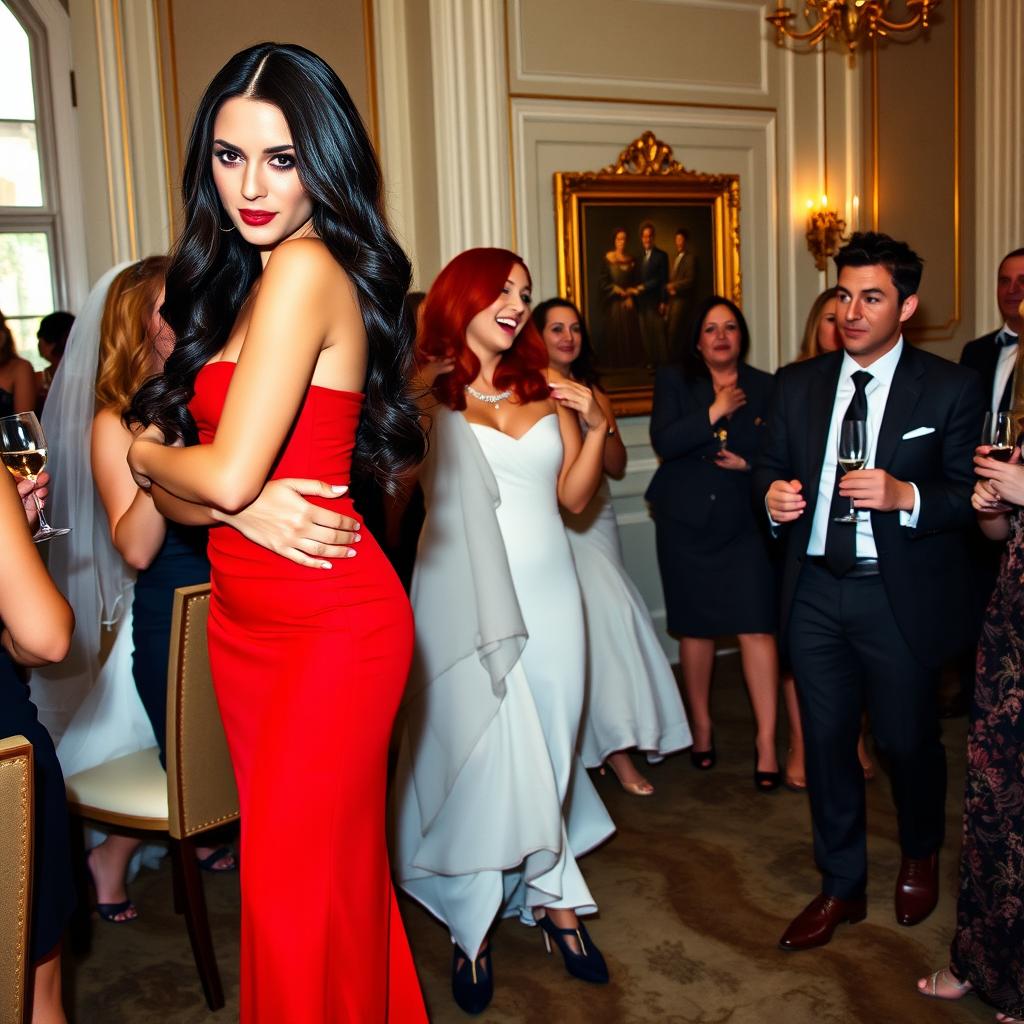 A tall model-like woman with fair skin and long, sleek black hair that is subtly wavy, dressed in a form-fitting red dress and black heels, with deep, dark eyes