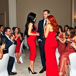 A tall model-like woman with fair skin and long, sleek black hair that is subtly wavy, dressed in a form-fitting red dress and black heels, with deep, dark eyes