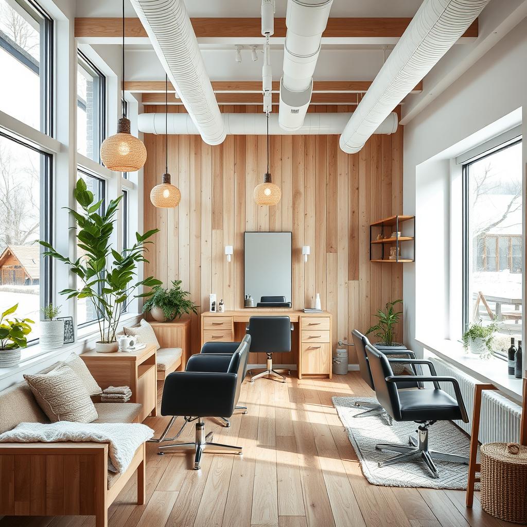 A beautifully designed Scandinavian salon featuring minimalist furniture, natural wood elements, and large windows allowing plenty of natural light