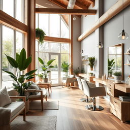 A beautifully designed Scandinavian salon featuring minimalist furniture, natural wood elements, and large windows allowing plenty of natural light