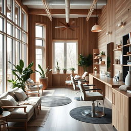 A beautifully designed Scandinavian salon featuring minimalist furniture, natural wood elements, and large windows allowing plenty of natural light