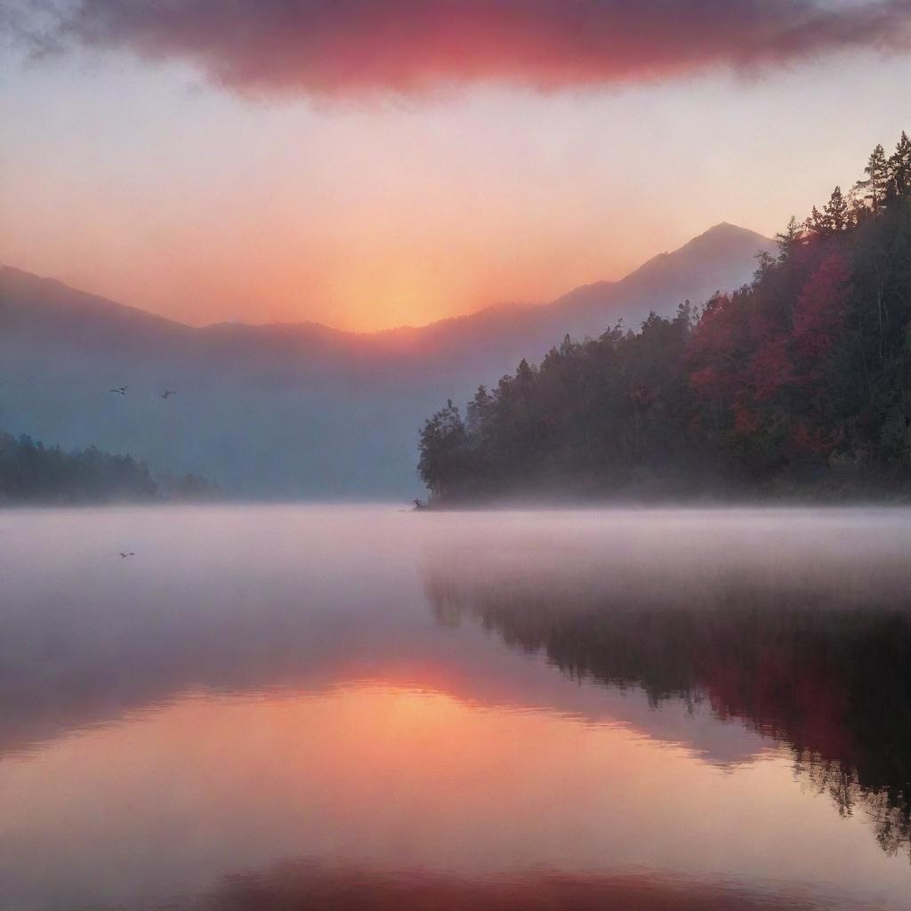 A stunning sunrise over a serene mountain lake, with mist rolling off the water's surface and birds flying in the crimson sky.