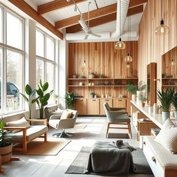 A beautifully designed Scandinavian salon featuring minimalist furniture, natural wood elements, and large windows allowing plenty of natural light