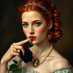 a woman with copper red hair, styled in a half-up, wavy Victorian fashion