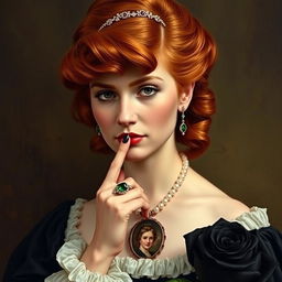 a woman with copper red hair, styled in a half-up, wavy Victorian fashion