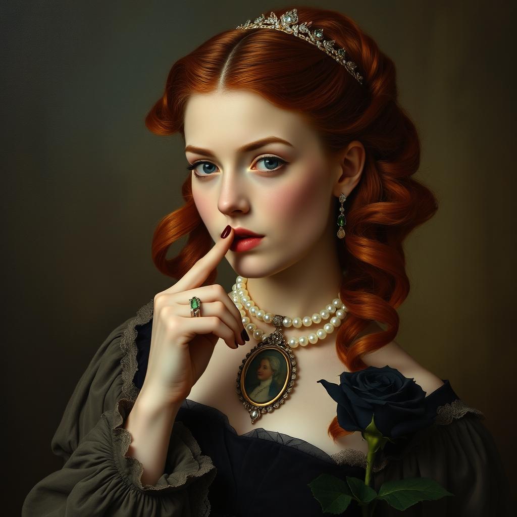 a woman with copper red hair, styled in a half-up, wavy Victorian fashion