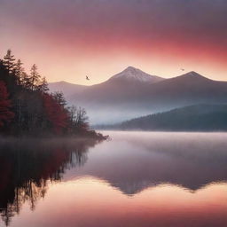 A stunning sunrise over a serene mountain lake, with mist rolling off the water's surface and birds flying in the crimson sky.