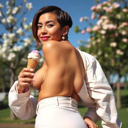 A sexy transgender person with short hair, a flat chest, and a big, well-shaped butt, enjoying an ice cream cone