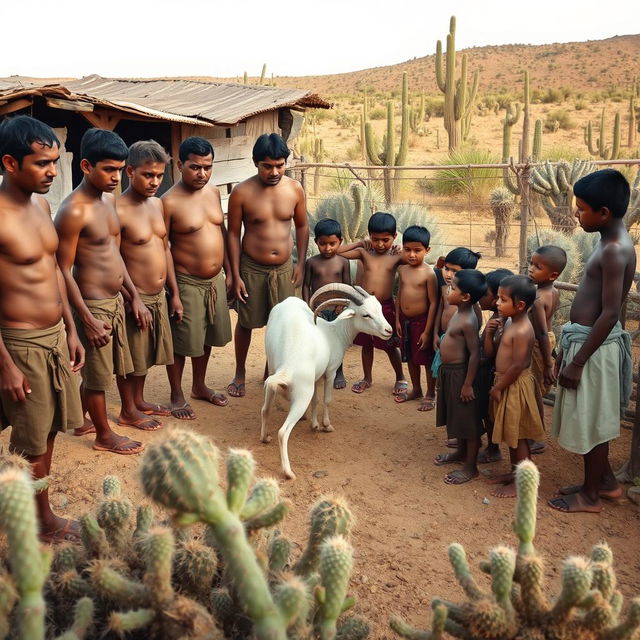 Group of townsmen at a rustic corral, shirtless and hatless, with smooth faces wearing traditional hemp sandals