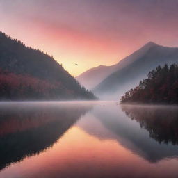 A stunning sunrise over a serene mountain lake, with mist rolling off the water's surface and birds flying in the crimson sky.