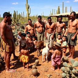 Group of townsmen at a rustic corral, shirtless and hatless, with smooth faces wearing traditional hemp sandals