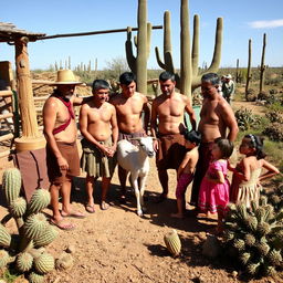 Group of townsmen at a rustic corral, shirtless and hatless, with smooth faces wearing traditional hemp sandals