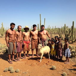 Group of townsmen at a rustic corral, shirtless and hatless, with smooth faces wearing traditional hemp sandals